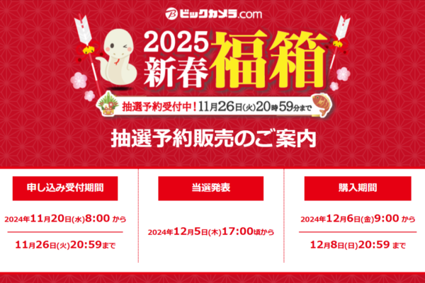 ビックカメラ福袋(福箱)2025 抽選予約は11/26まで！66商品の値段や倍率をネタバレします！初売りセールはいつから？