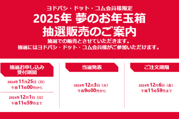 ヨドバシカメラ福袋2025の応募は12/1(日)まで！抽選確率をUPする方法は？初売りセールはいつから？