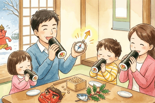 【節分2026】恵方巻の方角と食べ方！黙って食べる理由と願い事の叶え方を子供にも分かりやすく解説！
